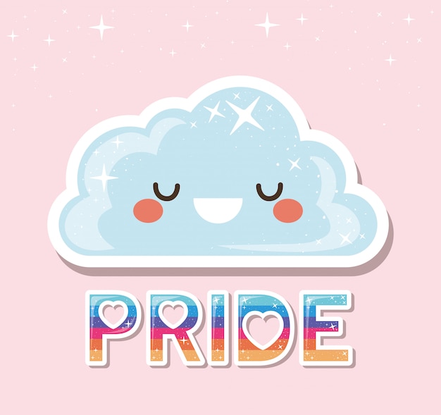 Dibujos animados de nube kawaii lgtbi con diseño de texto de orgullo