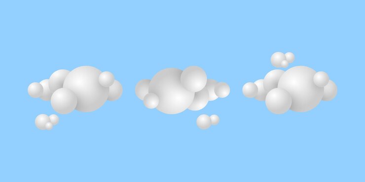 Dibujos animados de nubes 3D blancas aisladas en un fondo azul