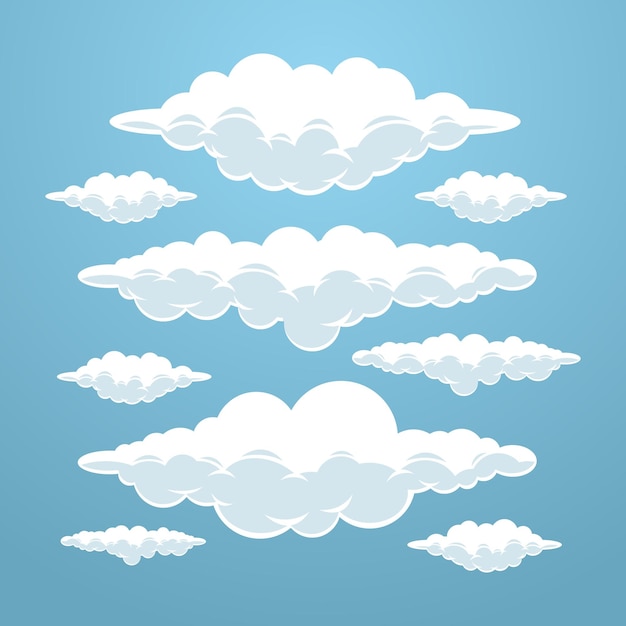 Dibujos animados de nubes en el conjunto de ilustración de vector de cielo