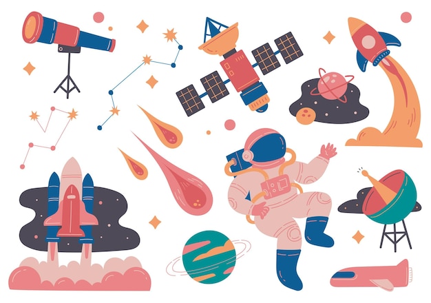 Dibujos animados de objetos relacionados con el espacio y los astronautas en una ilustración de estilo plano