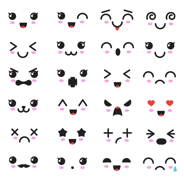 Dibujos animados de ojos y bocas kawaii. Emoticonos de emoticonos lindos en estilo japonés.