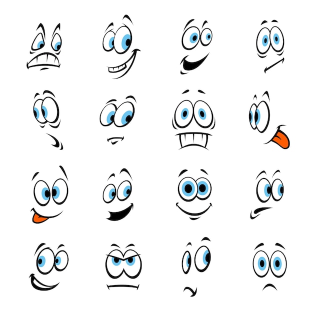 Vector dibujos animados de ojos humanos felices, sonrientes, enojados, asustados, conmocionados. vector emoji de risa, tristeza miedo sorpresa