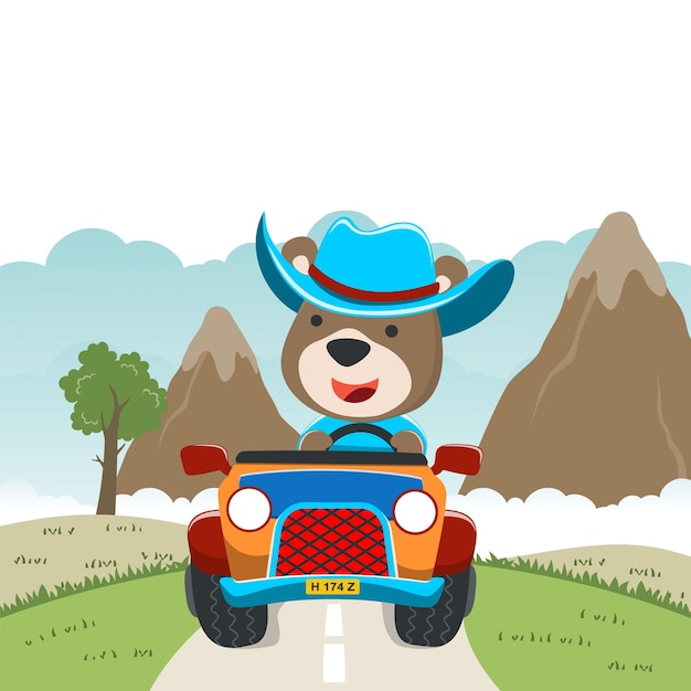 Dibujos animados de osos lindos que se divierten conduciendo fuera de la carretera en un día soleado Vector fondo infantil para tela textil vivero cartel de papel pintado y otra decoración Ilustración vectorial