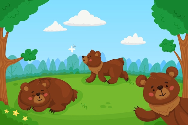 Dibujos animados de osos pardos en el bosque Mamíferos divertidos en el bosque limpiando personajes de la naturaleza salvaje gran cueva grizzly animales salvajes caminando niños fondo reciente vector concepto aislado