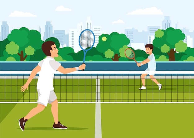 Vector dibujos animados padre juega con su hijo en el tenis en la cancha.
