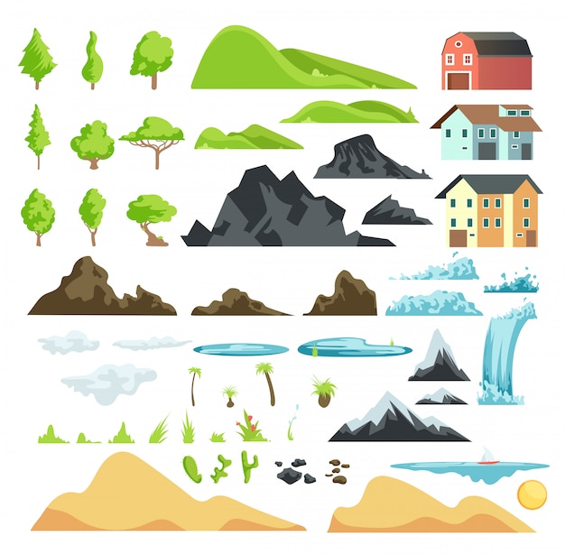 Dibujos animados paisaje elementos vectoriales con montañas, colinas, árboles tropicales y edificios