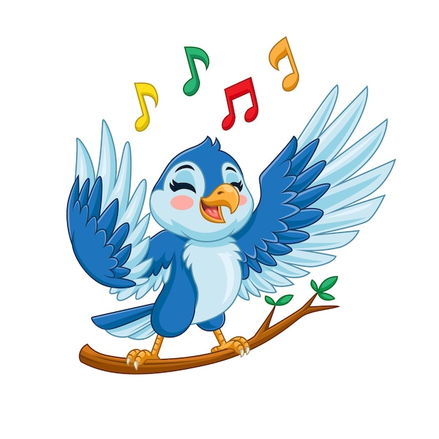 Dibujos animados pájaro azul cantando en la rama de un árbol