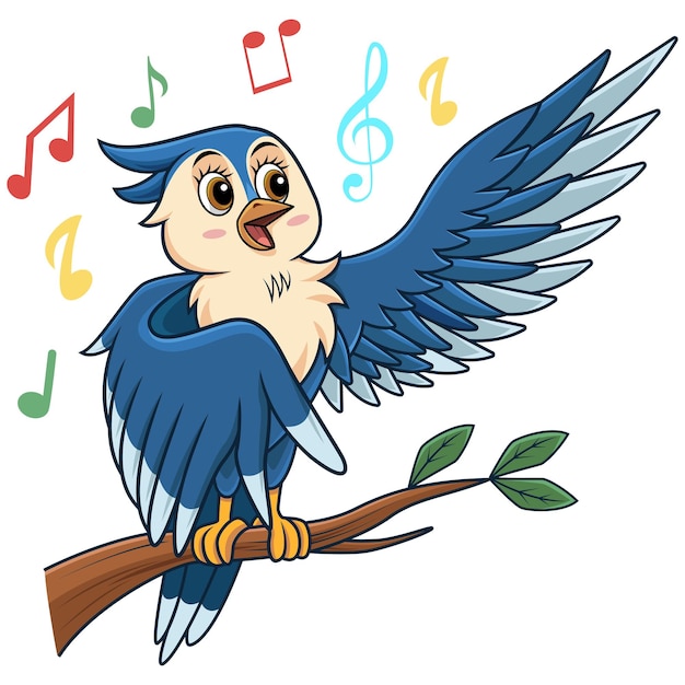 Dibujos animados pájaro azul cantando en la rama de un árbol