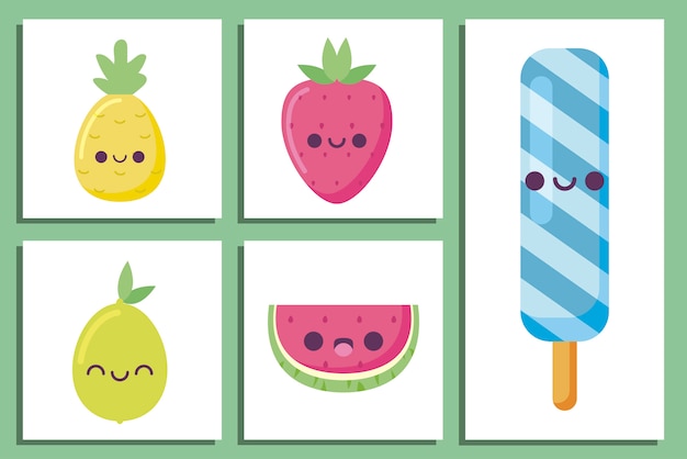 Dibujos animados de paletas y frutas kawaii