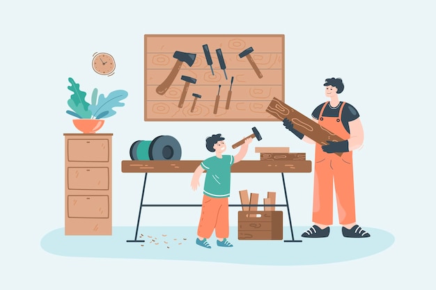 Dibujos animados de papá e hijo haciendo trabajos de carpintería. Padre y niño trabajando con madera, herramientas de carpintería, reparación de bricolaje, garaje o taller interior ilustración vectorial plana. Familia, concepto de carpintería para banner