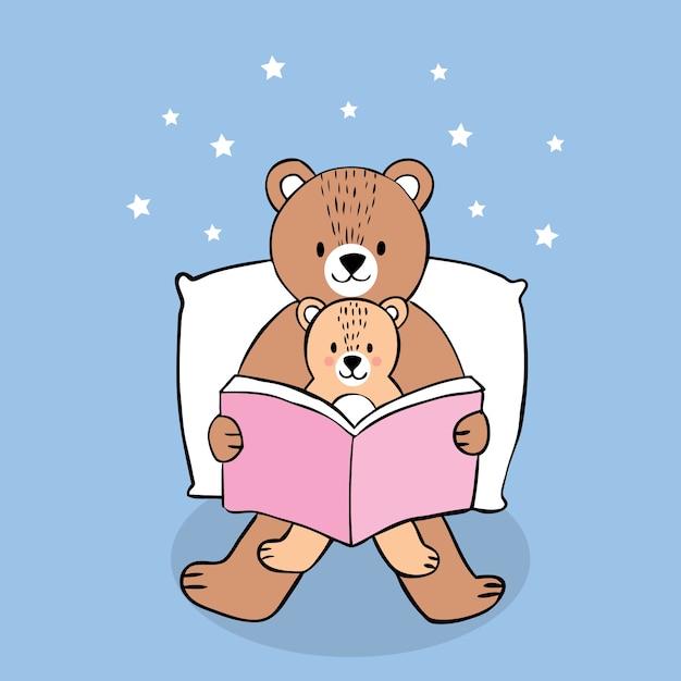 Dibujos animados papá lindo y pequeño oso leyendo cuentos para dormir
