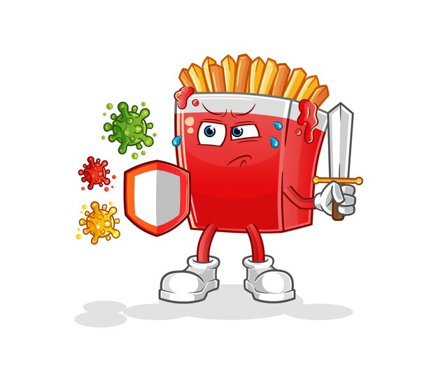 Dibujos animados de papas fritas contra virus. vector de mascota de dibujos animados