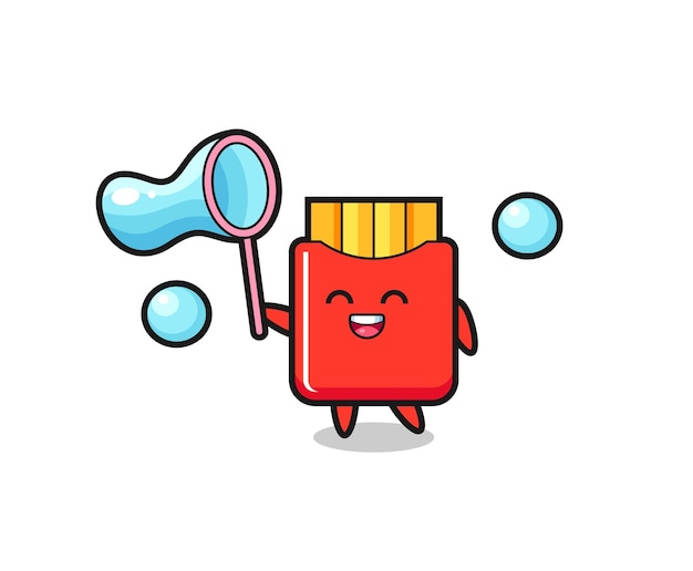 Dibujos animados de papas fritas felices jugando pompas de jabón, diseño de estilo lindo para camiseta, pegatina, elemento de logotipo