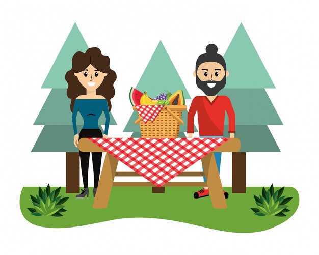 Dibujos animados de pareja y picnic