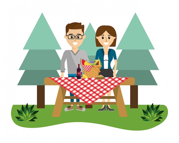 Dibujos animados de pareja y picnic