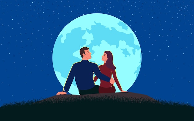 Vector dibujos animados pareja plana amante luna llena hierba