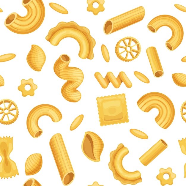 Dibujos animados pasta italiana masa comida de patrones sin fisuras Macarrones penne fusilli y formas espirales Cocina cocina papel tapiz vector fondo