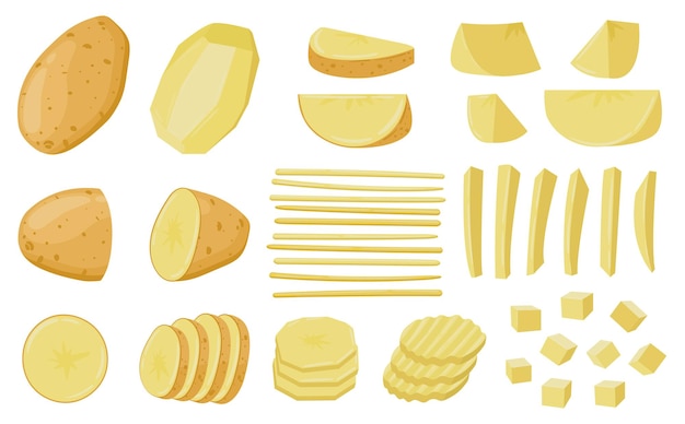 Dibujos animados de patatas en rodajas, rodajas picadas y pajitas de patata cruda. Verdura de raíz de patata pelada, conjunto de ilustración de vector de alimentos crudos en rodajas. Listo para cocinar papa vegetal