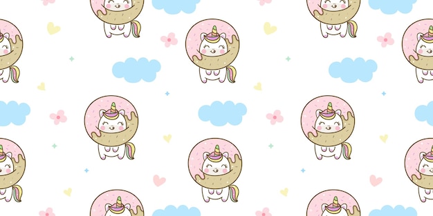 Dibujos animados de patrón de unicornio transparente con animal de kawaii dulce donut