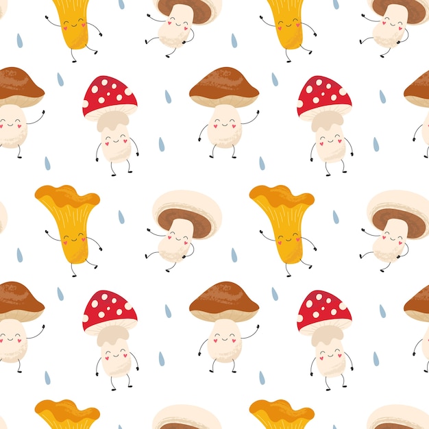 Dibujos animados de patrones sin fisuras de divertidos rebozuelos de setas, amanita, champiñones, porcini. Bosque después de la lluvia. Impresión para embalaje, tela, papel tapiz, textil.