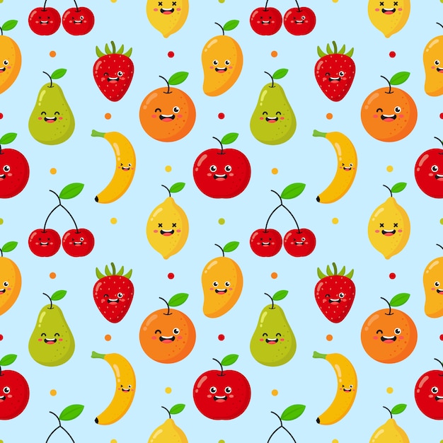 Dibujos animados de patrones sin fisuras frutas tropicales personajes estilo kawaii. aislado en azul