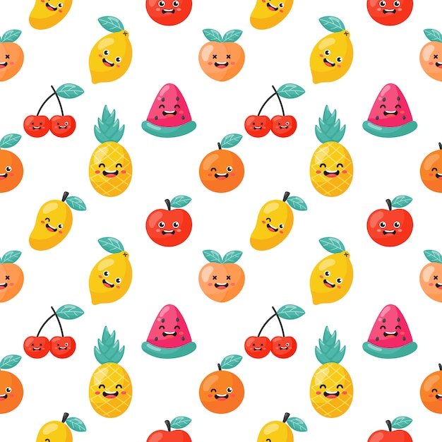 Dibujos animados de patrones sin fisuras frutas tropicales personajes estilo kawaii. aislado