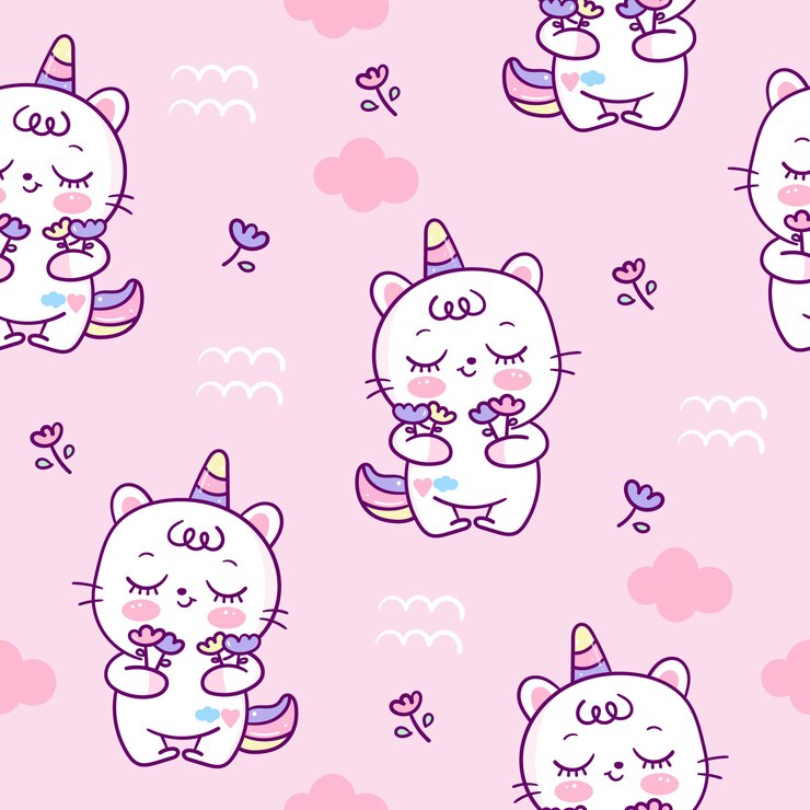 Vector dibujos animados de patrones sin fisuras lindo gato unicornio