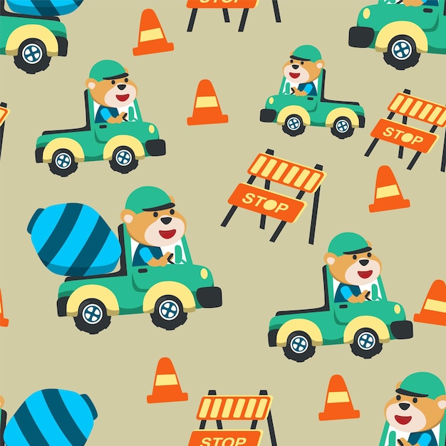 Dibujos animados de patrones sin fisuras de señales de construcción de vehículos de construcción con un trabajador divertido