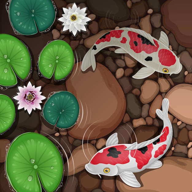 Dibujos animados de peces koi nadando en el agua con hojas y flores de loto