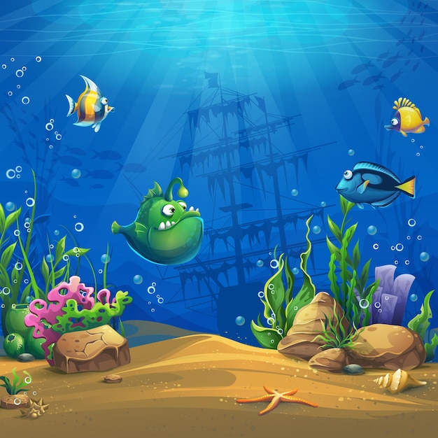 Vector dibujos animados de peces en el mundo submarino. paisaje de vida marina con diferentes habitantes.