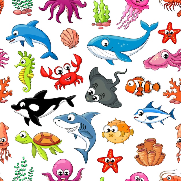Dibujos animados peces submarinos animales de patrones sin fisuras