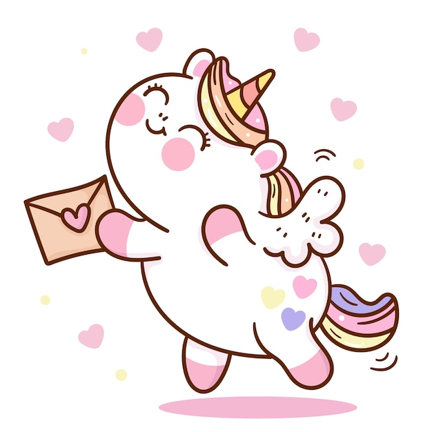 Dibujos animados de pegaso gordito unicornio lindo con carta de amor para el día de san valentín