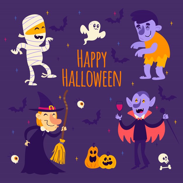 Dibujos animados pegatinas de halloween: momia, bruja, vampiro, fantasma, calabaza, murciélago, zombie