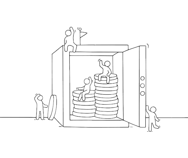 Dibujos animados de pequeños empresarios con caja fuerte. Doodle linda escena en miniatura de trabajadores sobre la protección del dinero. Ilustración de vector dibujado a mano para diseño de negocios y finanzas.