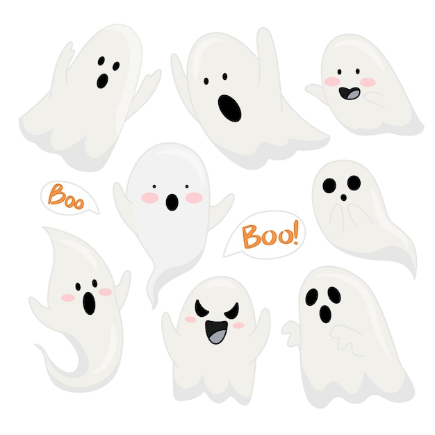 Dibujos animados de pequeños fantasmas de Halloween, diseño plano para cualquier propósito. Linda ilustración vectorial fantasma.