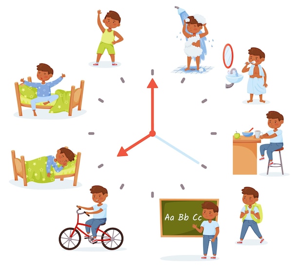 Dibujos animados pequeños niños de la escuela actividades rutina diaria del niño horario diario para niños conjunto de vectores
