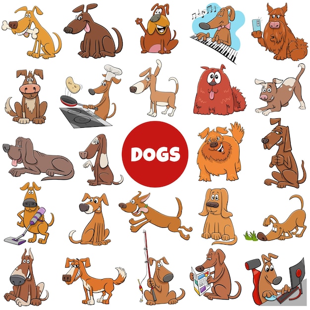 Vector dibujos animados perros y cachorros personajes cómicos gran conjunto