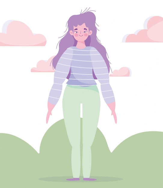 Dibujos animados de personaje de mujer de pie en dibujos animados al aire libre de hierba