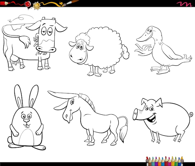 Dibujos animados de personajes de animales de granja para colorear página de libro