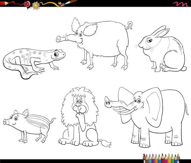 dibujos animados personajes de animales salvajes juego página de colorear