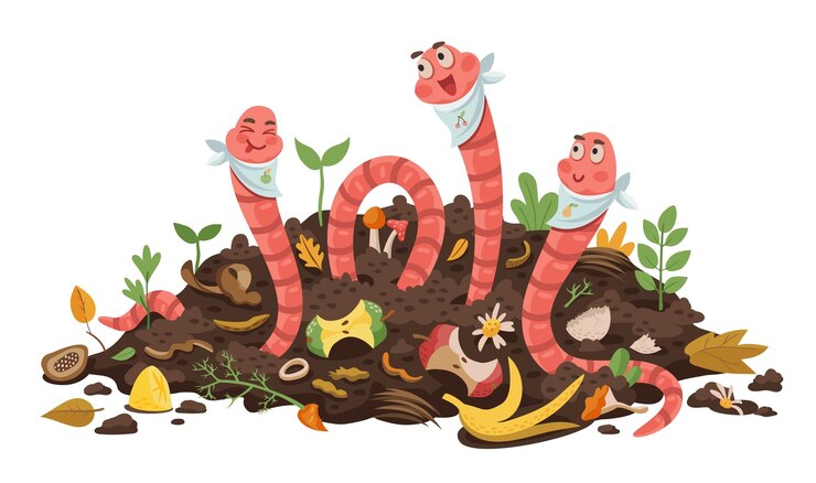 Vector dibujos animados personajes divertidos de gusanos de tierra comiendo compost o residuos orgánicos biológicos fondo vectorial vermicomposting cartel con gusanos en el humus del suelo comen basura orgánica compostable o restos de alimentos biológicos