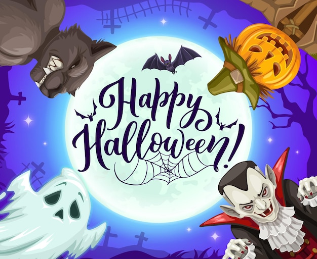 Dibujos animados de personajes de vacaciones de Halloween en el fondo del cementerio nocturno Vector espeluznante fantasma calabaza espantapájaros aterrador Drácula vampiro horror hombre lobo y personajes de murciélago con cruces de cementerio de luna llena