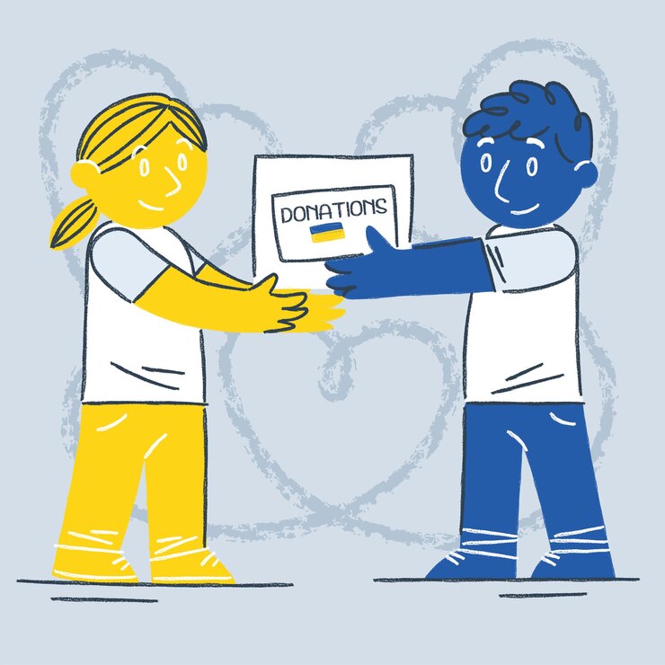 Vector dibujos animados de personas lindas sosteniendo una caja de ayuda ayuda ucrania vector