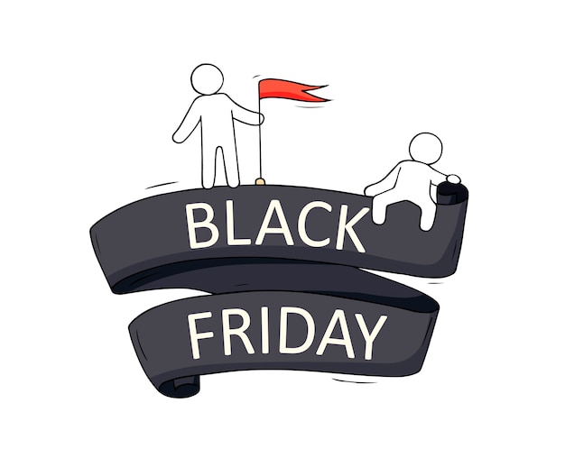 Dibujos animados de personas pequeñas con grandes palabras black friday. dibujado a mano para marketing, diseño de venta, etiqueta de descuento.