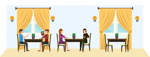 Dibujos animados personas se sientan a la mesa en el restaurante charlando