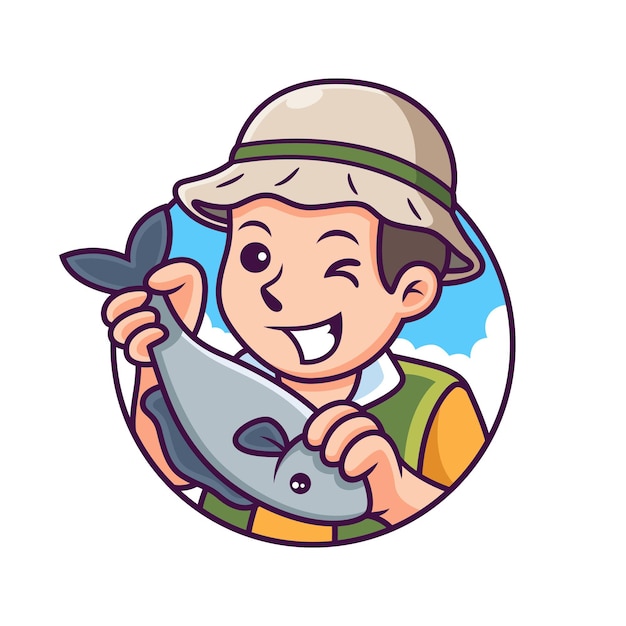 Dibujos animados de pescador con pose linda. Ilustración de icono. Concepto de icono de persona aislado