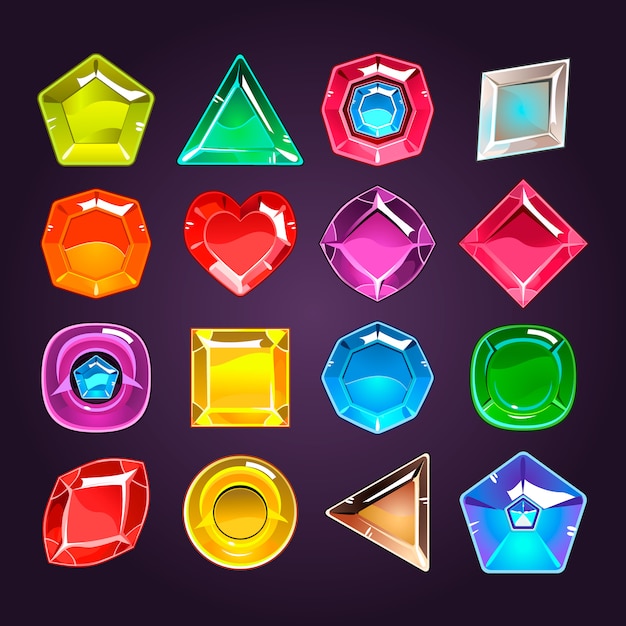 Dibujos animados de piedras de colores con diferentes formas para usar en el juego