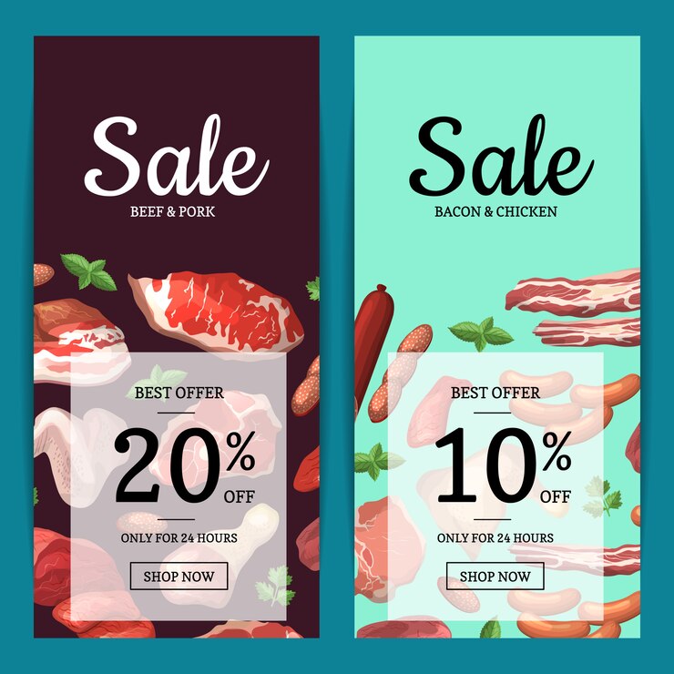 Vector dibujos animados piezas de carne banners de web de venta vertical de conjunto ilustración