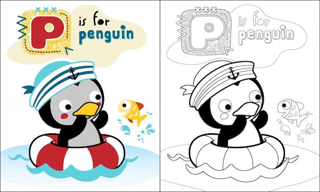 Dibujos animados pingüino agradable nadar con pequeños peces