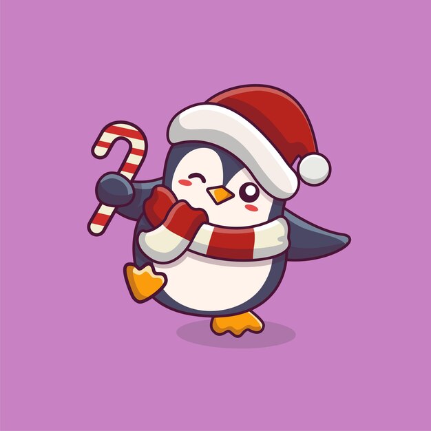 dibujos animados de pingüinos bailando con bastón de caramelo y sombrero de navidad lindo pingüino sosteniendo bastón de caramelo navidad